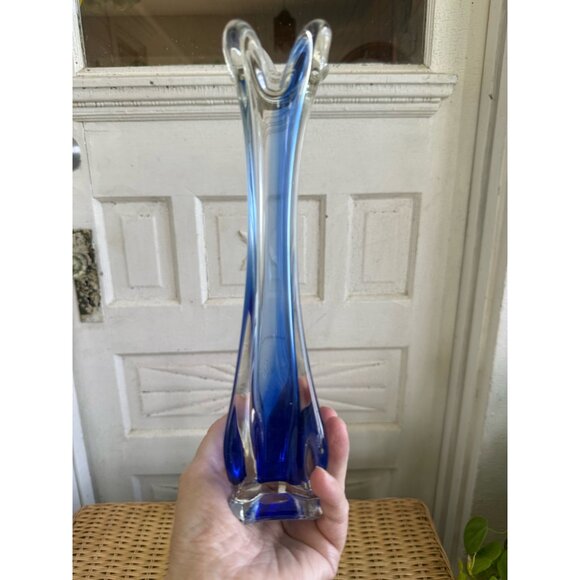 Vintage MCM Pair Clear Art Glass Cobalt Blue Swung Vases 10" - Picture 2 of 8